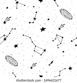 Cosmic fabric for kids. Bright childish tile. Constellations on white backgtound. Cute design for kids fabric and wrapping paper. Hand drawn funny cosmic fabric.