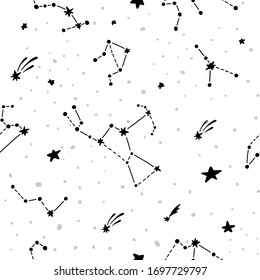 Cosmic fabric for kids. Constellations on white backgtound. Bright childish tile. Cute design for kids fabric and wrapping paper. Hand drawn funny cosmic fabric.