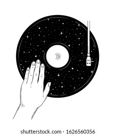 Cosmic fantasy hand drawn line art with abstract vinyl record and human hand. Space vector illustration for t-shirt, coloring book, tattoo, postcard.