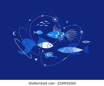 Cosmic fish and planetary axes. Magic underwater life. Space marine composition. Ocean creatures decorated with stars, constellations. Blue, white colors. Illustration for t-shirt, cover, poster