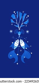 Cosmic fish, seaweed, constellation. Magic underwater life. Marine composition. Ocean creatures decorated with stars. Blue, white colors. Illustration for t-shirt, cover, poster sticker