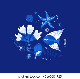 Pescado cósmico, algas marinas, conchas, pez estrella. La vida mágica bajo el agua. Composición marina. Criaturas oceánicas decoradas con estrellas. Azul, colores blancos. Ilustración para camisetas, portada, afiche, pegatina