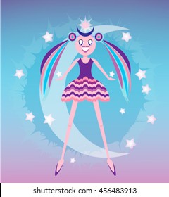 Cosmic Flat character. Girl with multicolored hair surrounded by stars.