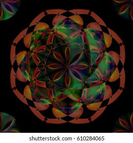 Cosmic flower seamless pattern on black background. Beautiful circular abstraction in red and green colors. Spirituality, fantasy concept. Vector illustration for your design needs