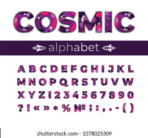 Cosmic font in realistic paper cut style for title, header, lettering, poster, banner. Uppercase regular display letters, numbers, punctuation. Colorful multi layers 3D effect. Vector illustration.