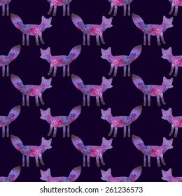 Cosmic fox. Watercolor seamless pattern with galaxy foxes on the white background, aquarelle. Vector illustration. Hand-drawn element useful for invitations, scrapbooking, design. Hipster fashion