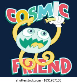 cosmic Friend! Retro styled card, poster, background. Vector illustration of alien