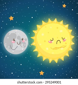 Cosmic friendship: happy Moon and sad Sun, vector.