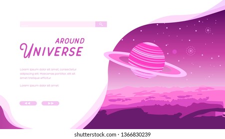 Cosmic futuristic panorama with stars, asteroids, comets. Saturn motion in Solar system. Satellite or moon gravitate around unknown planet. Vector for astronomic, astrologic projects. Copy space.