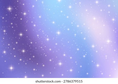 Cosmic galaxy backdrop with violet gradient and celestial sparkle. Dreamy twilight scene featuring astrology constellation, glowing stars and colorful stardust for magical design. Vector illustration