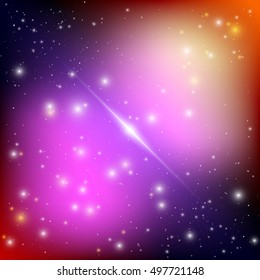 Cosmic galaxy background with bright shining stars. Illusion with nebula and star dust. Vector illustration