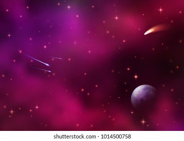 Cosmic galaxy background with colorful nebula, stardust and bright shining stars. Outer space with falling stars comet Earth planet starburst asteroid and meteor. Sky vector illustration of Universe.