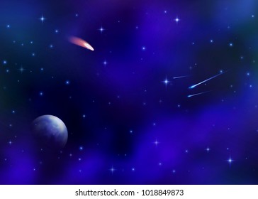 Cosmic galaxy background with colorful nebula, milky way and bright shining stars. Outer space with falling stars comet Earth planet starburst asteroid and meteor. Sky vector illustration of Universe.