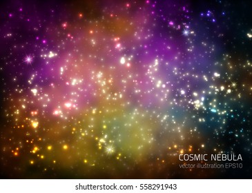 Cosmic Galaxy Background with nebula, stardust and bright shining stars. Vector illustration for your design, artworks.