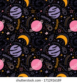 Cosmic Galaxy constellation seamless pattern. Cosmic abstract background of stars, comets, galaxies, constellations, meteorites, and planets. Starry sky. Print for textile, yoga mat, phone case