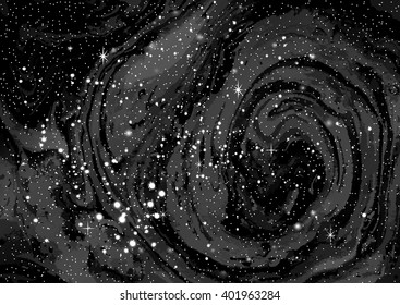 Cosmic galaxy watercolor background with stardust and shining stars. Vector illustration for music album, book cover, poster, flyer design.