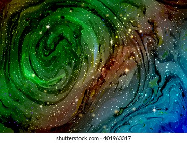 Cosmic galaxy watercolor background with stardust and shining stars. Vector illustration for music album, book cover, poster, flyer design.
