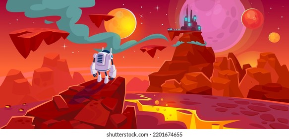 Cosmic game background. Outer space planet with lava in a surface crack, an alien character and a colony on a mountain. Astronaut on a Mars futuristic scene. Cartoon style vector illustration.