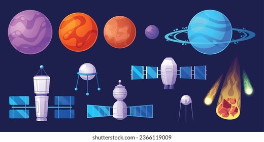 Cosmic Game Set of Space Objects. Isolated Planets, Stars, Satellites And Asteroids, Gui Elements For Interstellar Fun