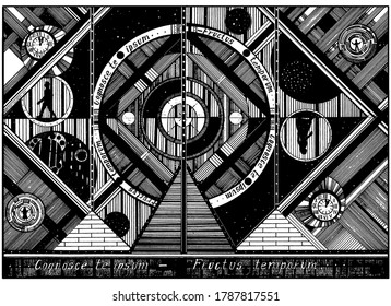 Cosmic, geometric abstraction, symmetrical, with three pyramids, clocks, lines, silhouettes and hatching, with a man and a woman in circular labyrinth, with planets, in space among the stars.