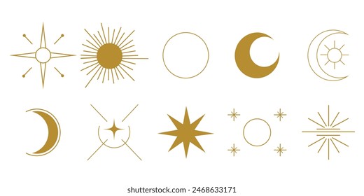 Cosmic geometric icons: An assortment of abstract, geometric astral illustrations in gold, showcasing intricate sunburst patterns and celestial motifs for sophisticated and mystical, or astrology-them