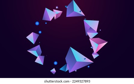 Cosmic Geometric Vector Dark Violet Background. Bright Dynamic Elements Layout. Holographic Business Polyhedron Poster. Rainbow Glass Trendy Decoration.