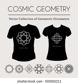 Cosmic Geometry. Vector t-shirt template with mystical signs