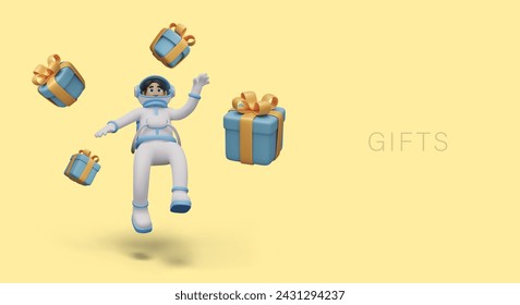 Cosmic gifts. 3D astronaut floats in weightlessness between holiday bonuses