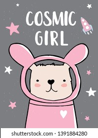 Cosmic Girl Lovely Hand Drawn Vector Illustration with Sweet Bunny Astronaut, White Stars and Funny Rocket. Infantile Style Space Party Decoration for Invitation, Card, Poster, Wall Art, Printing.