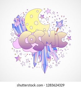 Cosmic girl and princess objects, space cartoon concept with moon, crystals, gem, stars and magic wand in round form. Fashion girl princess hand draw concept in pastel colors isolated on grey