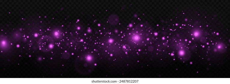Cosmic glittering light effect on transparent background. Christmas concept. Glowing dust particles effect. Luxury bokeh background.