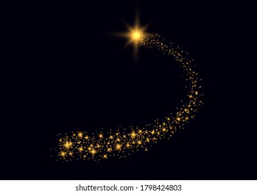 Cosmic glittering wave. Gold glittering stars dust. Trail sparkling particles on black background. Space comet tail. Gold glittering spiral star dust. EPS 10 vector