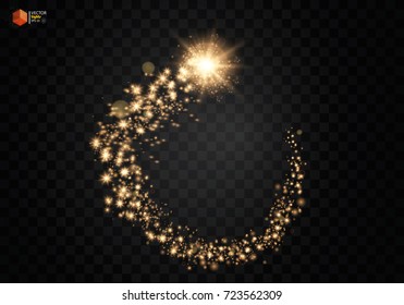 Cosmic glittering wave. Gold glittering stars dust trail sparkling particles on transparent background. Space comet tail. EPS 10 vector