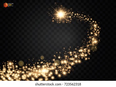 Cosmic glittering wave. Gold glittering stars dust trail sparkling particles on transparent background. Space comet tail. EPS 10 vector