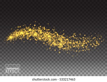 Cosmic glittering wave. Vector golden sparkling star. Magic glowing stardust trail. Gold glittering stars dust trail sparkling particles on transparency background. Space comet tail.