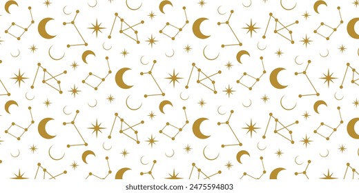  Cosmic Gold Pattern Design: A captivating cosmic pattern featuring gold celestial elements like stars and moons on a white backdrop. Ideal for celestial, mystical-themed projects.