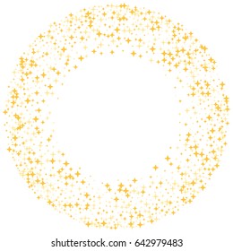 Cosmic graphic design with circle frame for text and golden night sky objects. Gold star round border, sparkles glitter vector ring isolated on white background. Shining starlight.