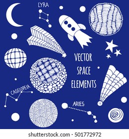 Cosmic hand drawn elements. Universe vector doodle illustration. Outer space symbols and design elements: stars, planet, constellation, comets,  rocket.
