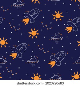 Cosmic  hand drown pattern on dark blue background. Seamless childish pattern with rockets, planets, stars, alien ship. Ideal for wrapping paper, textile, wallpaper, baby wear, etc. Space theme. Eps 1
