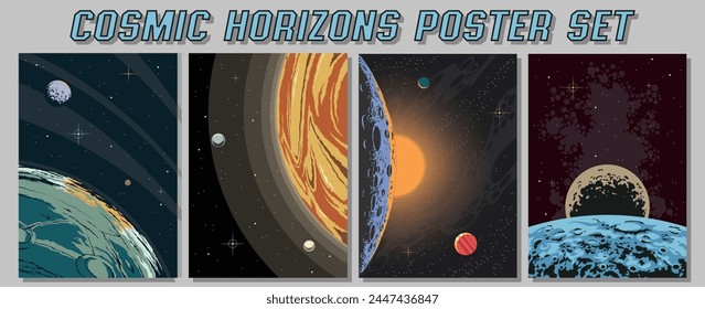 Conjunto de póster de Cosmic Horizons. Ilustraciones espaciales de órbitas planetarias. Planetas, luna, estrellas Fondos 
