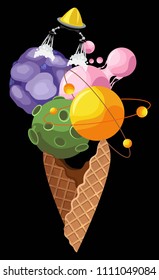 Cosmic horn ice cream from the planets and the flying alien ship. On a black background