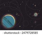 Cosmic Illustration, Deep Space Panorama, Planetary Orbit, Stars, Moon. Starry Background, Vector Template for Space Posters, Covers, Illustrations