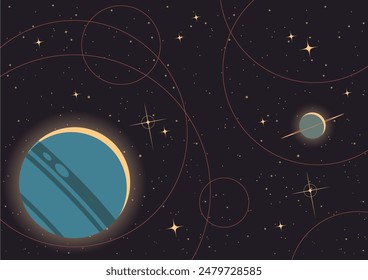 Cosmic Illustration, Deep Space Panorama, Planetary Orbit, Stars, Moon. Starry Background, Vector Template for Space Posters, Covers, Illustrations