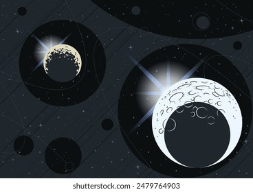 Cosmic Illustration, Deep Space Panorama, Planetary Orbit, Stars, Moon. Starry Background, Vector Template for Space Posters, Covers, Illustrations