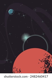 Cosmic Illustration, Deep Space Panorama, Planetary Orbit, Stars, Moon. Starry Background, Vector Template for Space Posters, Covers, Illustrations