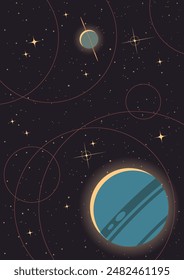 Cosmic Illustration, Deep Space Panorama, Planetary Orbit, Stars, Moon. Starry Background, Vector Template for Space Posters, Covers, Illustrations