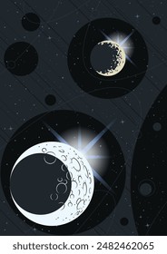 Cosmic Illustration, Deep Space Panorama, Planetary Orbit, Stars, Moon. Starry Background, Vector Template for Space Posters, Covers, Illustrations