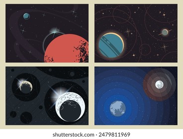 Cosmic Illustration Set, Deep Space Panoramas, Planetary Orbits, Earth, Saturn, Jupiter, Moon. Starry Backgrounds, Vector Templates for Space Posters, Covers, Illustrations