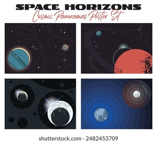 Cosmic Illustration Set, Deep Space Panoramas, Planetary Orbits, Earth, Saturn, Jupiter, Moon. Starry Backgrounds, Vector Templates for Space Posters, Covers, Illustrations