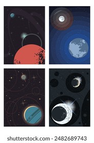 Cosmic Illustration Set, Deep Space Panoramas, Planetary Orbit, Stars, Moon. Starry Backgrounds, Vector Templates for Space Posters, Covers, Illustrations